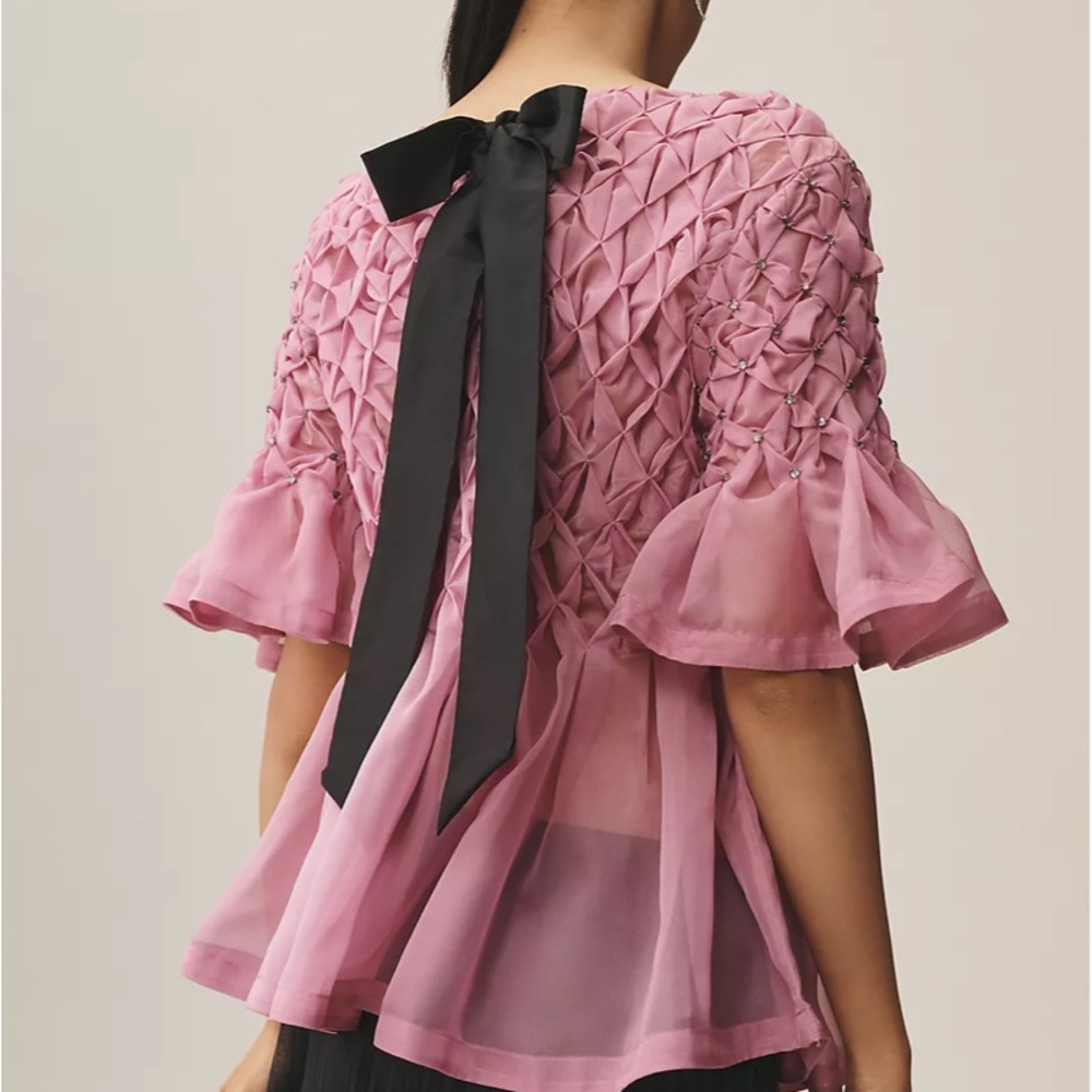 Anthropologie Maeve Short-Sleeve Rhinestone Sheer Babydoll Blouse M